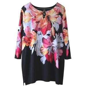 JM Collection Floral Ring-Neck Tunic Top Black Multicolor Women's XXL